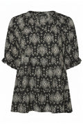 Plus Size Half Sleeve Notch Neck Patterned Blouse