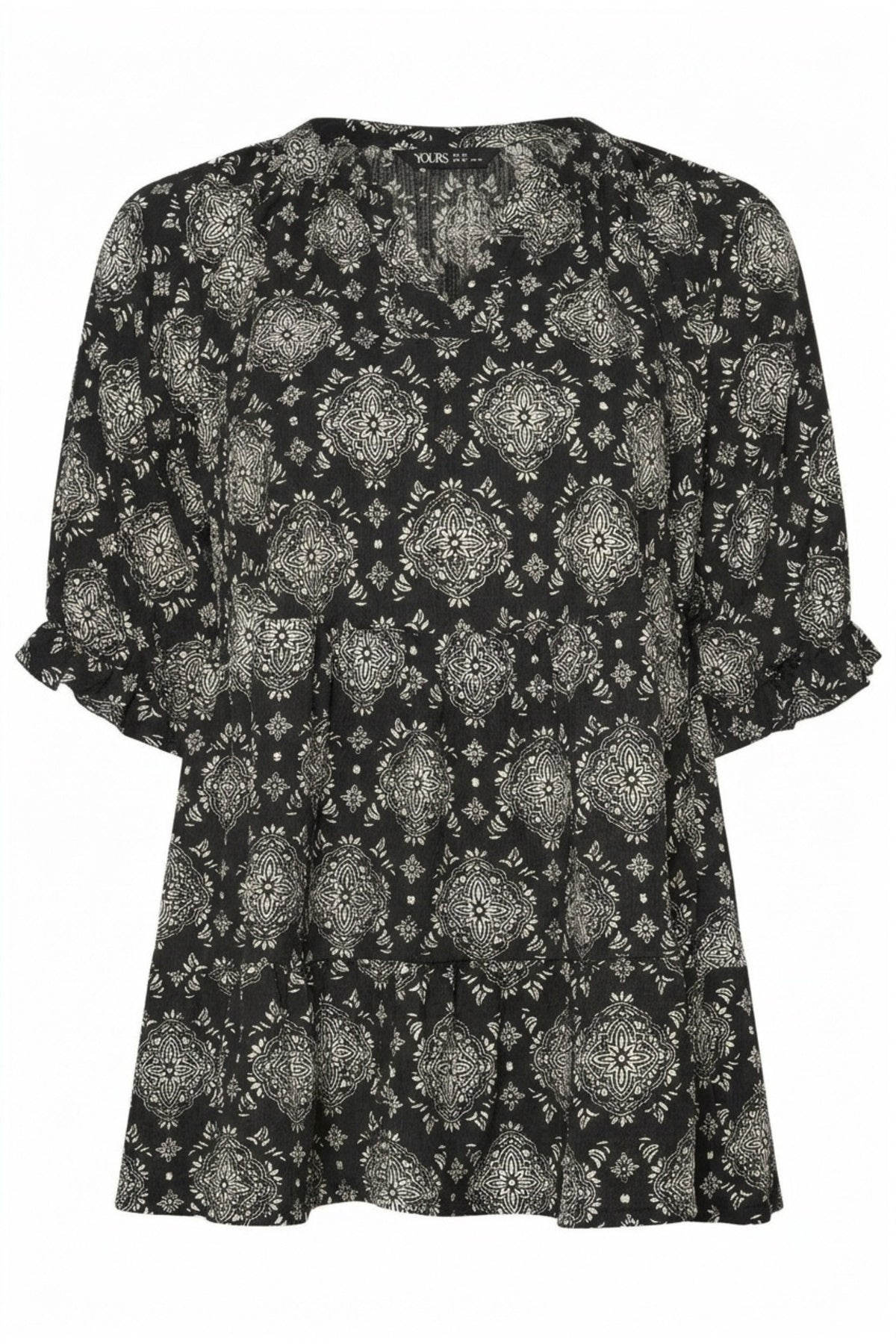 Plus Size Half Sleeve Notch Neck Patterned Blouse
