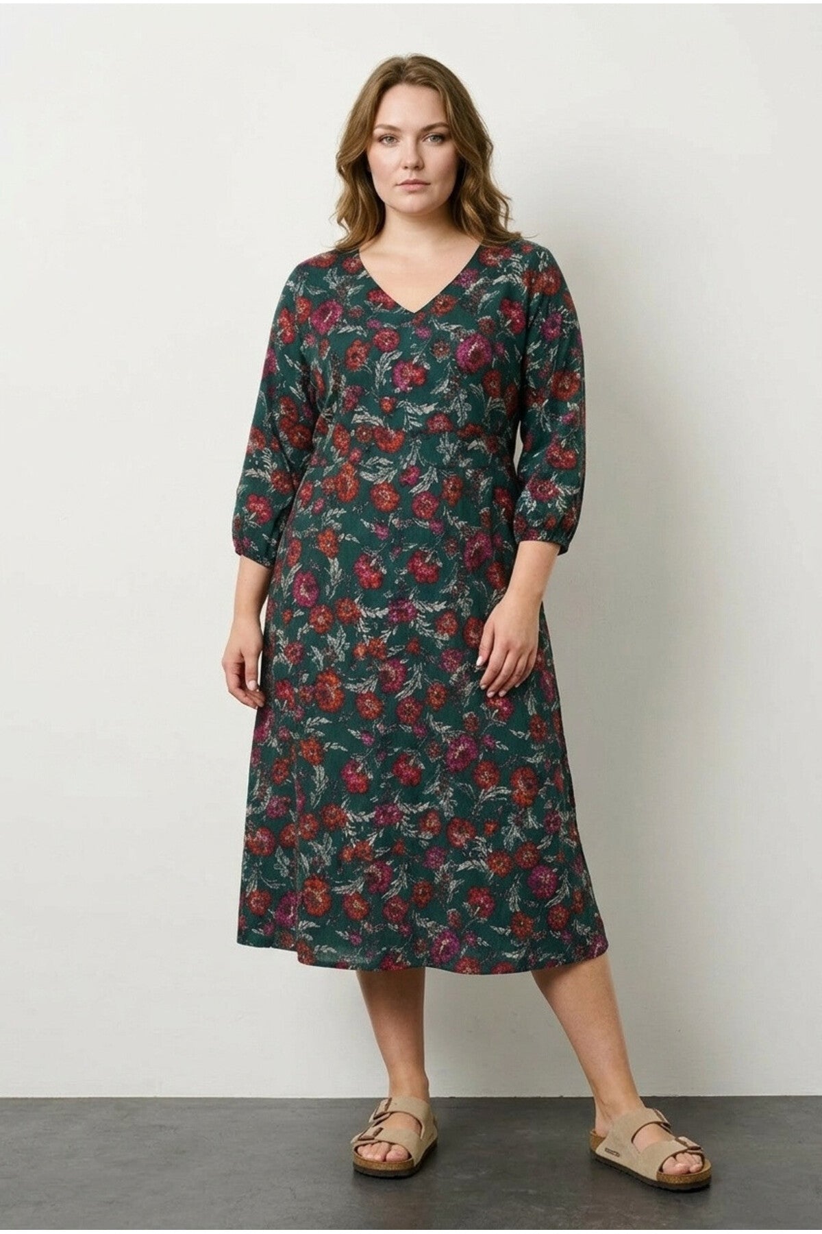 Plus Size V-Neck Floral Print Bishop Sleeve Midi Dress