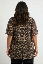 Plus Size Short Sleeve V-Neck Tulle Detailed Lined Leopard Print T-shirt