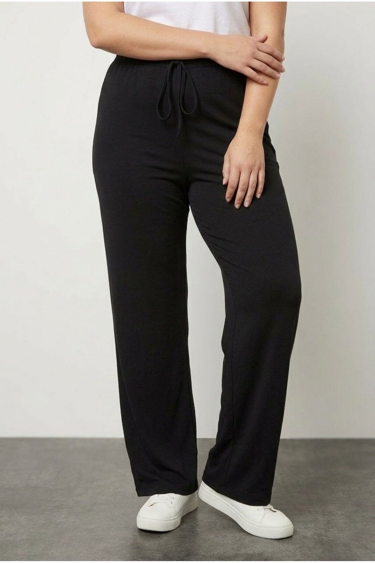 Elasticated Waist and Drawstring Pocketless Wide Leg Trousers