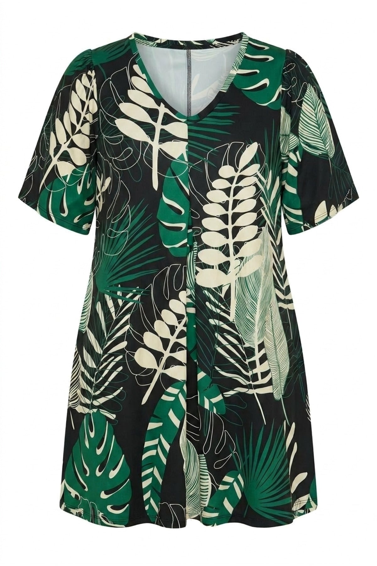 Plus Size V-Neck Short Wide Sleeve Front Pleated Stretchy Fabric Tunic T-shirt
