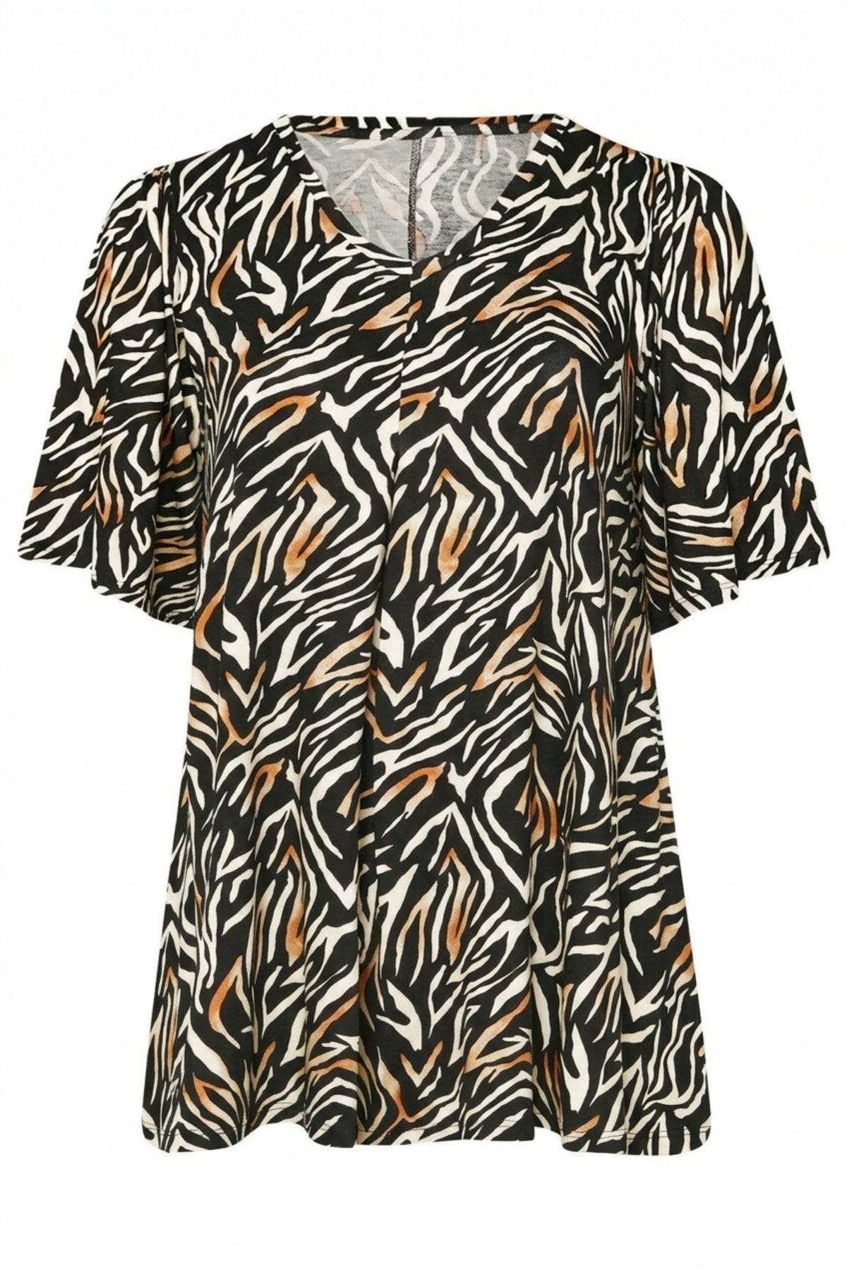 Plus Size V-Neck Pleated Front Short Sleeve Patterned Blouse