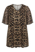 Plus Size Short Sleeve V-Neck Tulle Detailed Lined Leopard Print T-shirt