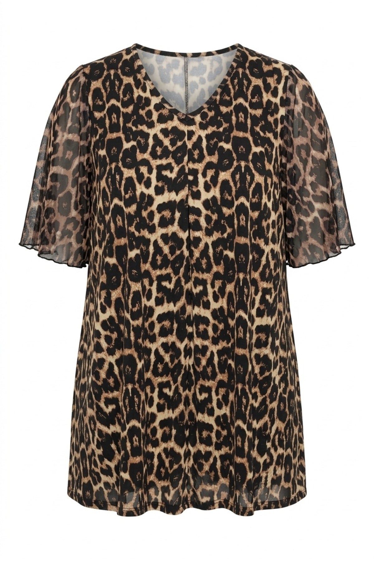 Plus Size Short Sleeve V-Neck Tulle Detailed Lined Leopard Print T-shirt