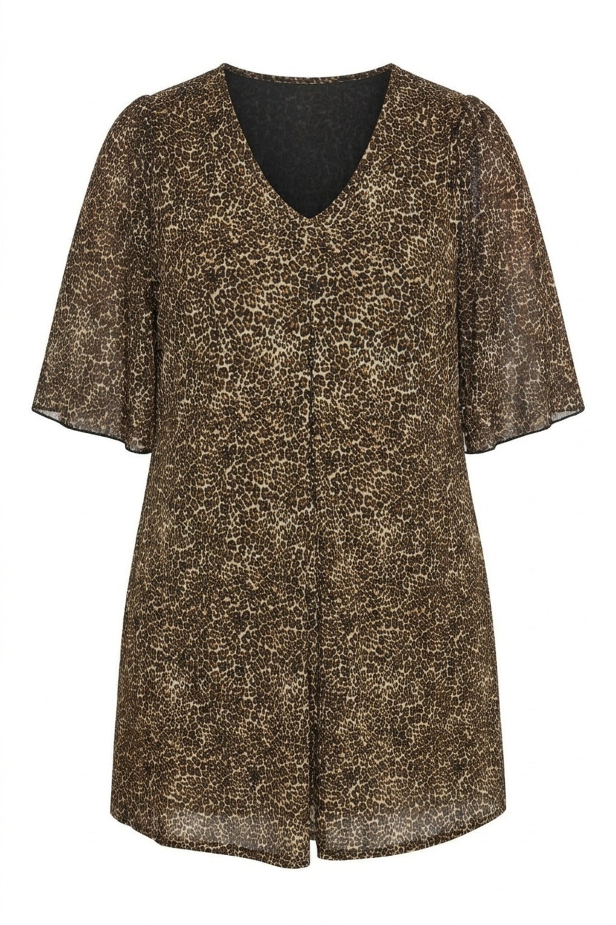 Plus Size V-Neck Blouse with Tulle Detail Sleeves and Leopard Print