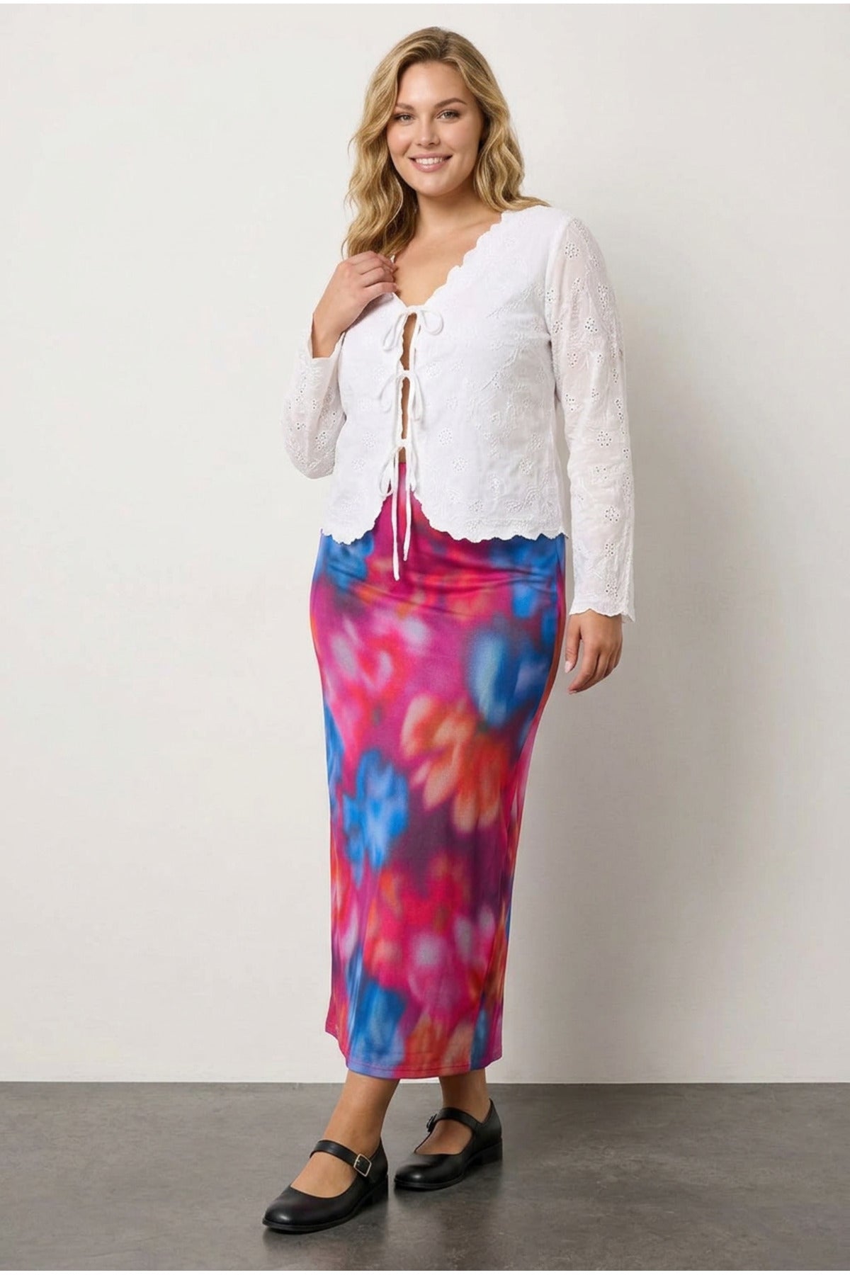 Plus Size Elastic Waist Patterned Lined Long Tulle Skirt