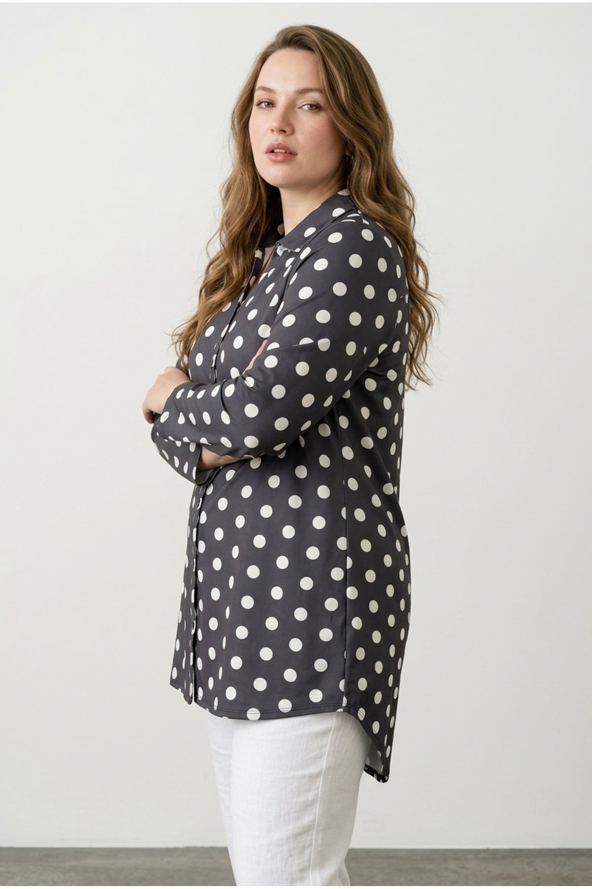 Plus Size Polka Dot Long Sleeve Stretchy Fabric Polyester Shirt