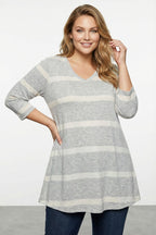 Plus Size V-Neck Flared Hem Striped Long Blouse