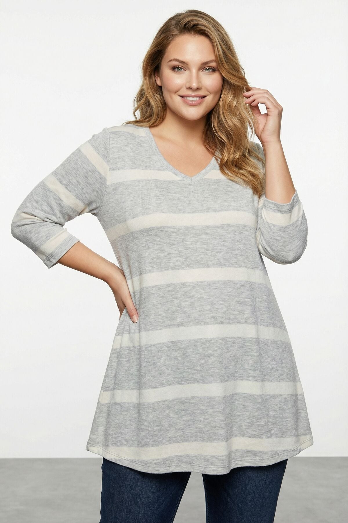 Plus Size V-Neck Flared Hem Striped Long Blouse