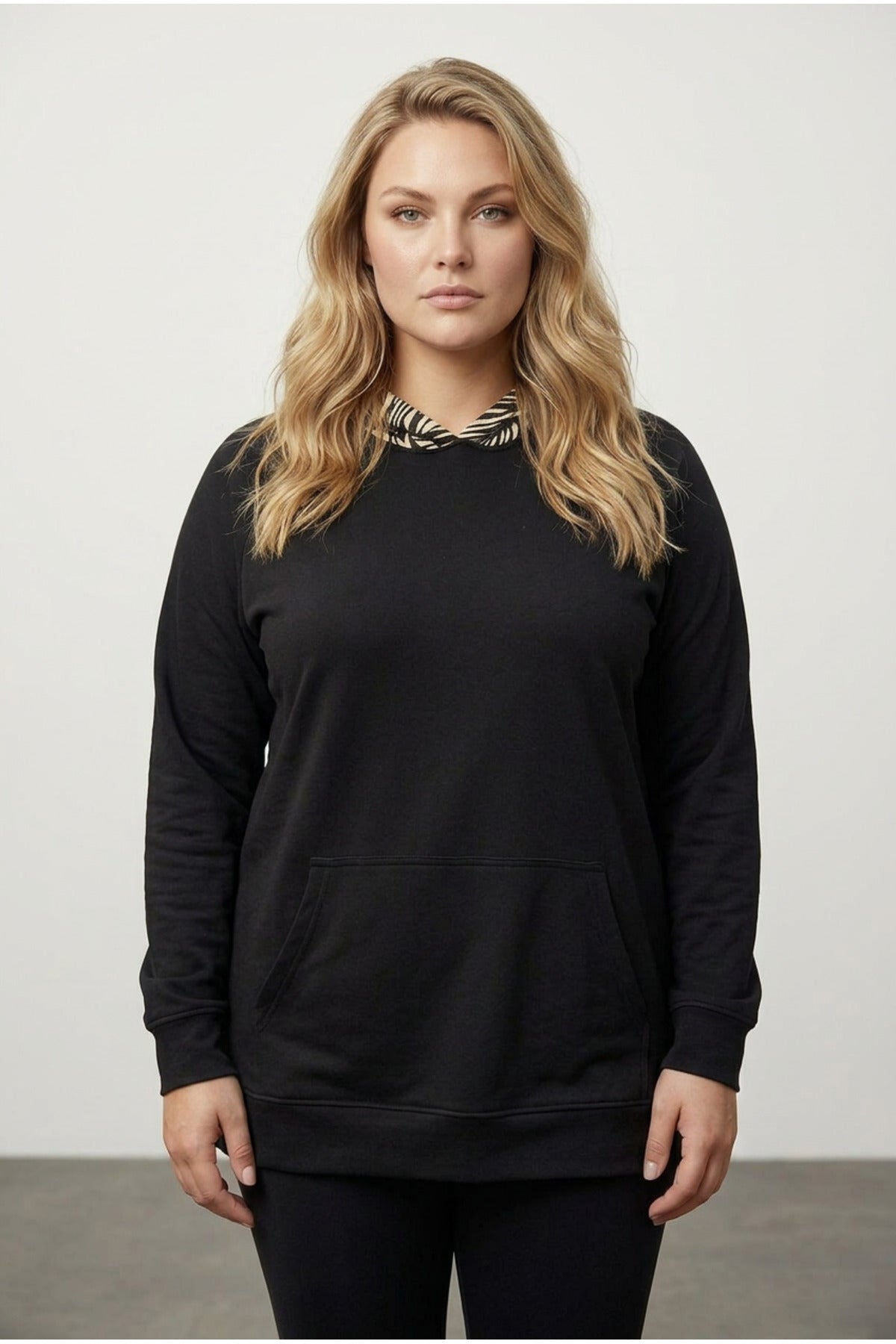 Plus Size Long Sleeve Pocketed Side Slit Patterned Hooded Sweatshirt