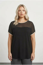 Plus Size Crew Neck Short Sleeve Blouse with Tulle Detail on Neckline