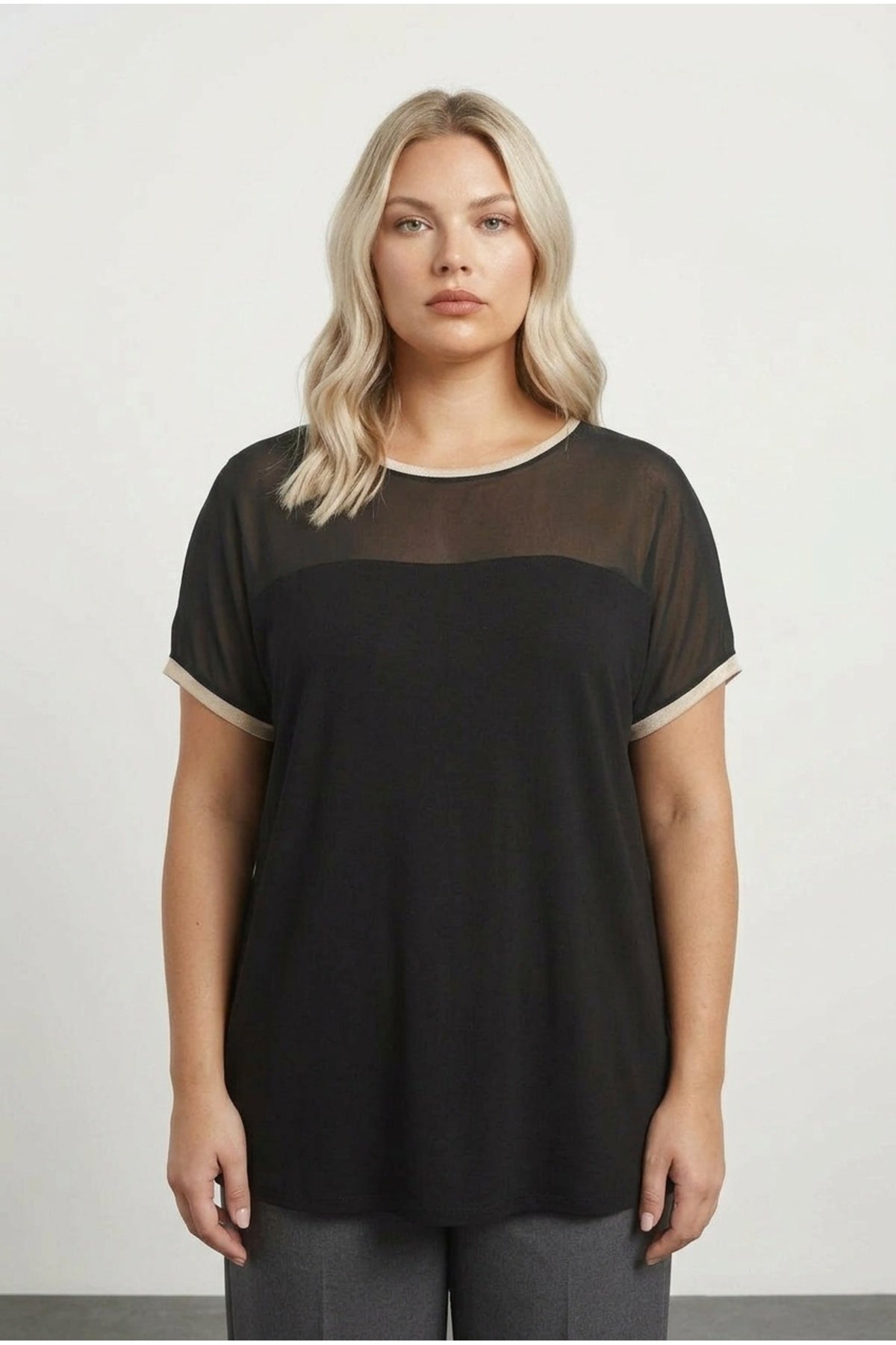 Plus Size Crew Neck Short Sleeve Blouse with Tulle Detail on Neckline