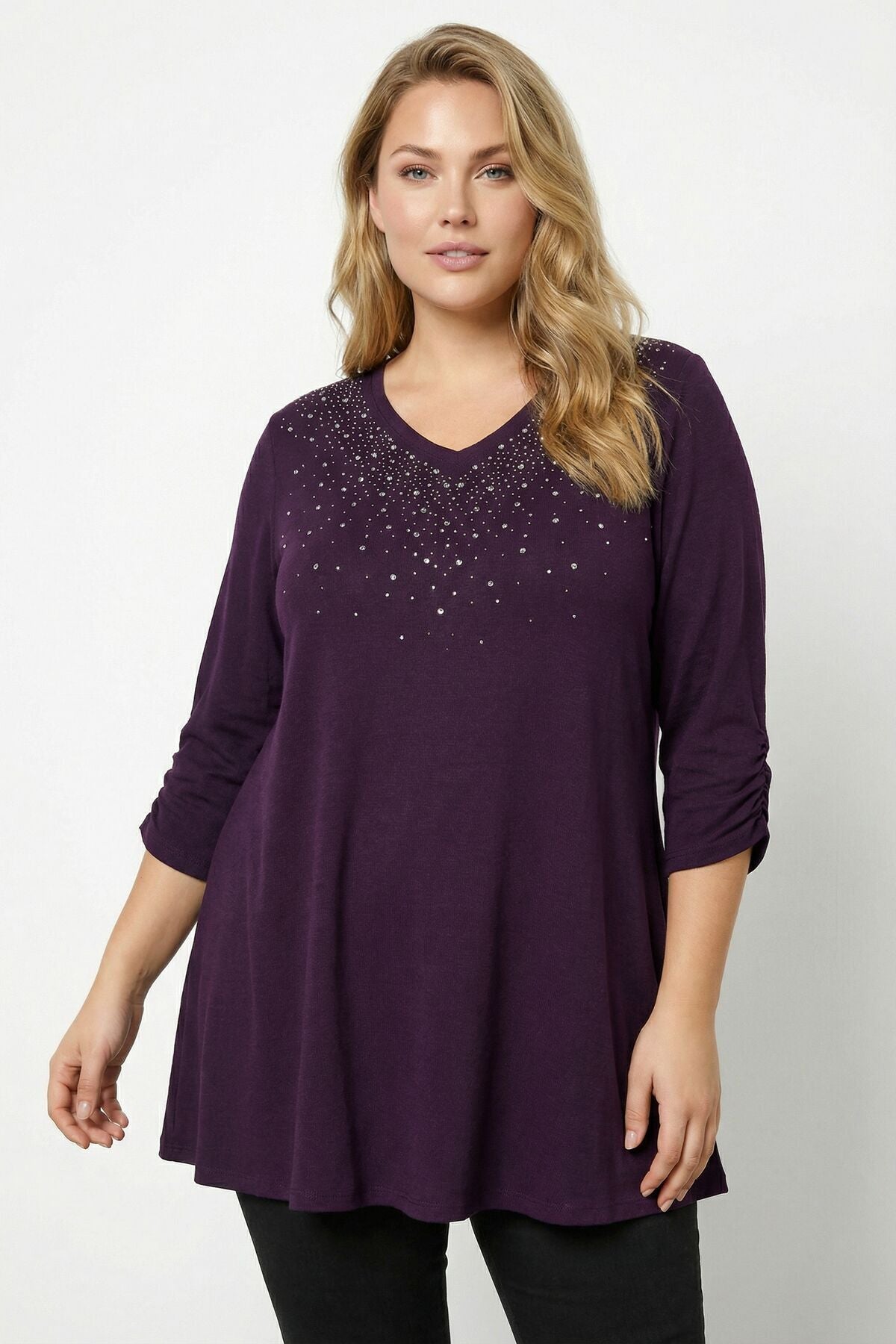 Plus Size Stone Embellished Shirred Sleeve Purple Plush Blouse