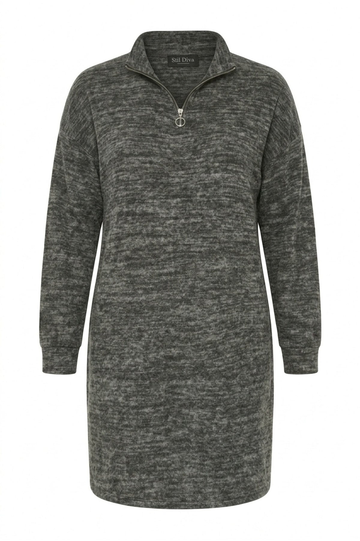 Plus Size Grey Fluffy Textured Zippered Dress