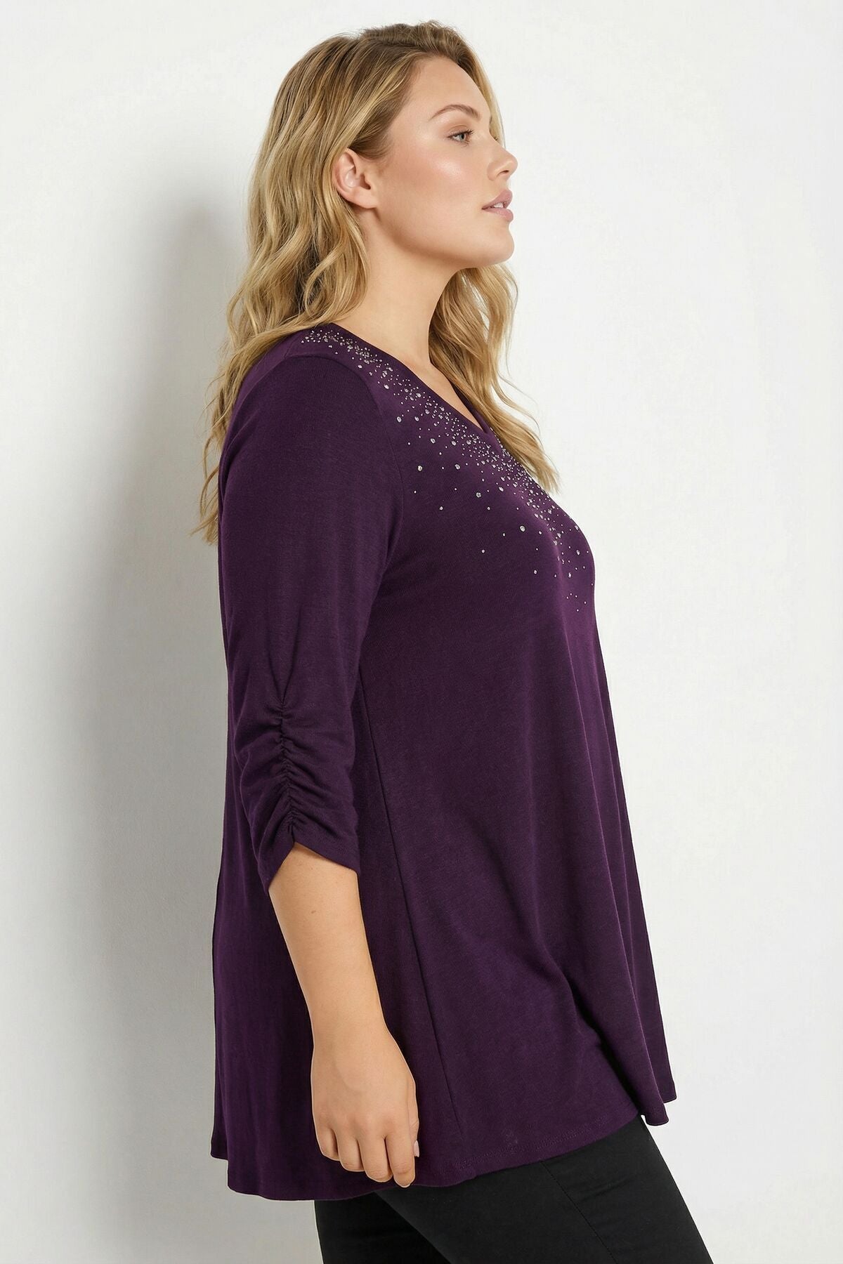 Plus Size Stone Embellished Shirred Sleeve Purple Plush Blouse