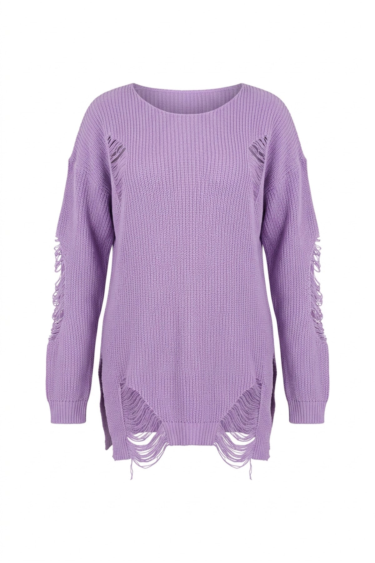 Plus Size Long Sleeve Crew Neck Ripped Detail Knit Sweater