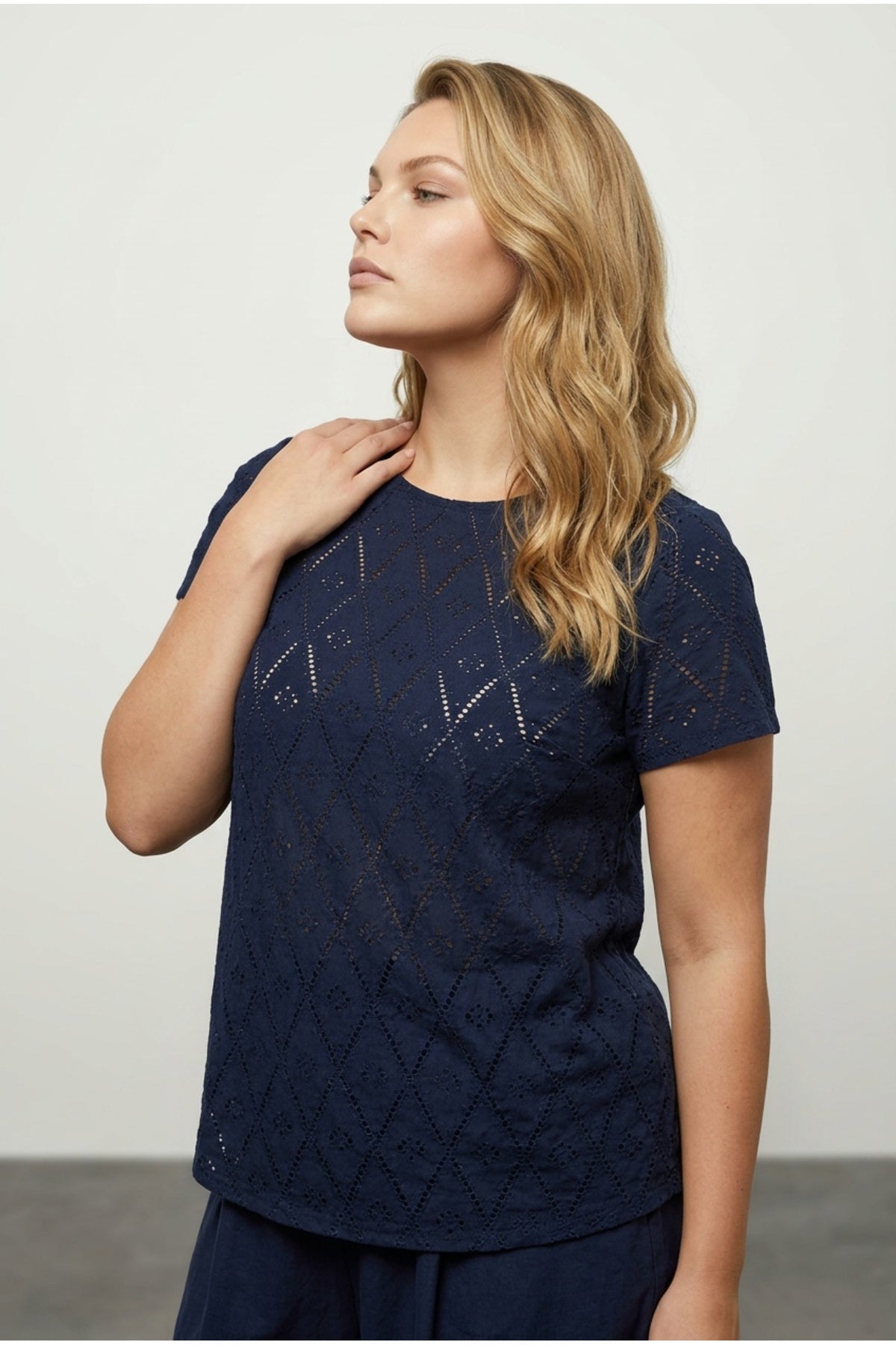 Plus Size Crew Neck Short Sleeve Lace Detail Unlined Blouse