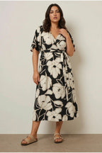 Plus Size V-Neck Short Sleeve Tie Front Wrap Midi Dress