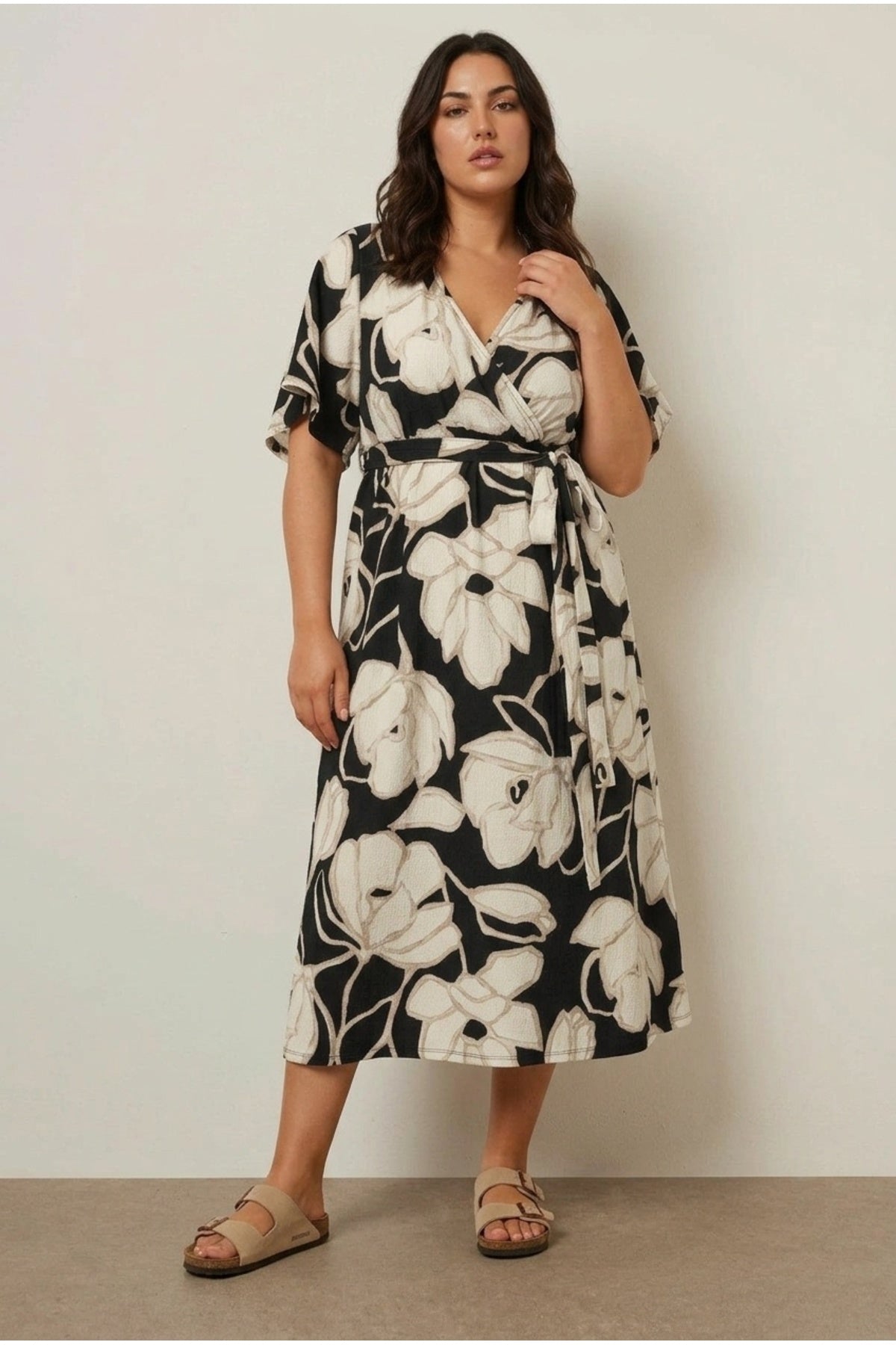 Plus Size V-Neck Short Sleeve Tie Front Wrap Midi Dress