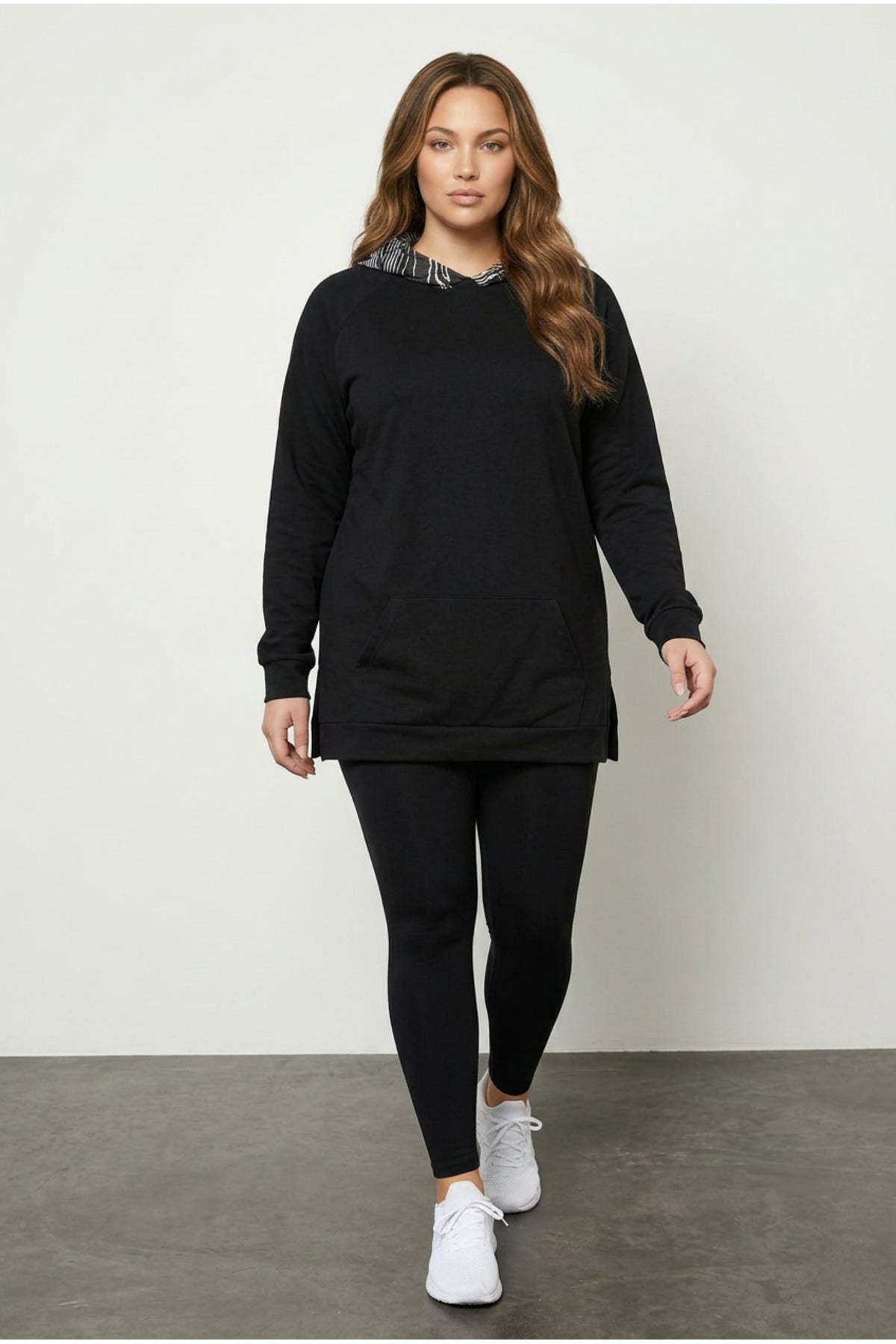 Plus Size Long Sleeve Hooded Kangaroo Pocket Side Slit Sweatshirt