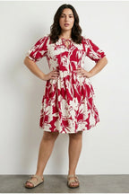 Plus Size Self-Tie Neck Floral Patterned Textured Jersey Above Knee Dress