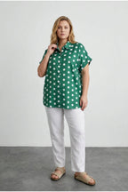 Plus Size Button-Front Short Sleeve Polka Dot Patterned Shirt