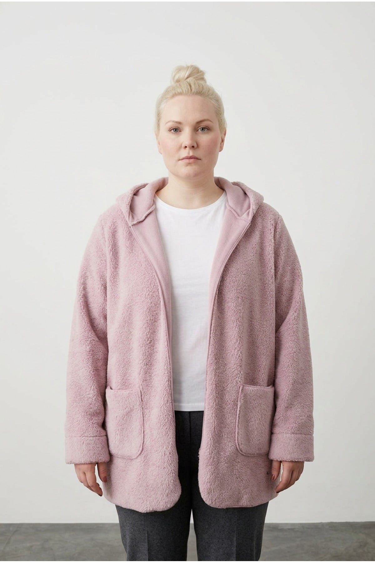 Plus Size Long Sleeve Hooded Open Front Plush Jacket with Pockets