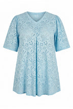 Plus Size V-Neck Short Sleeve Lace Detailed Unlined Blouse
