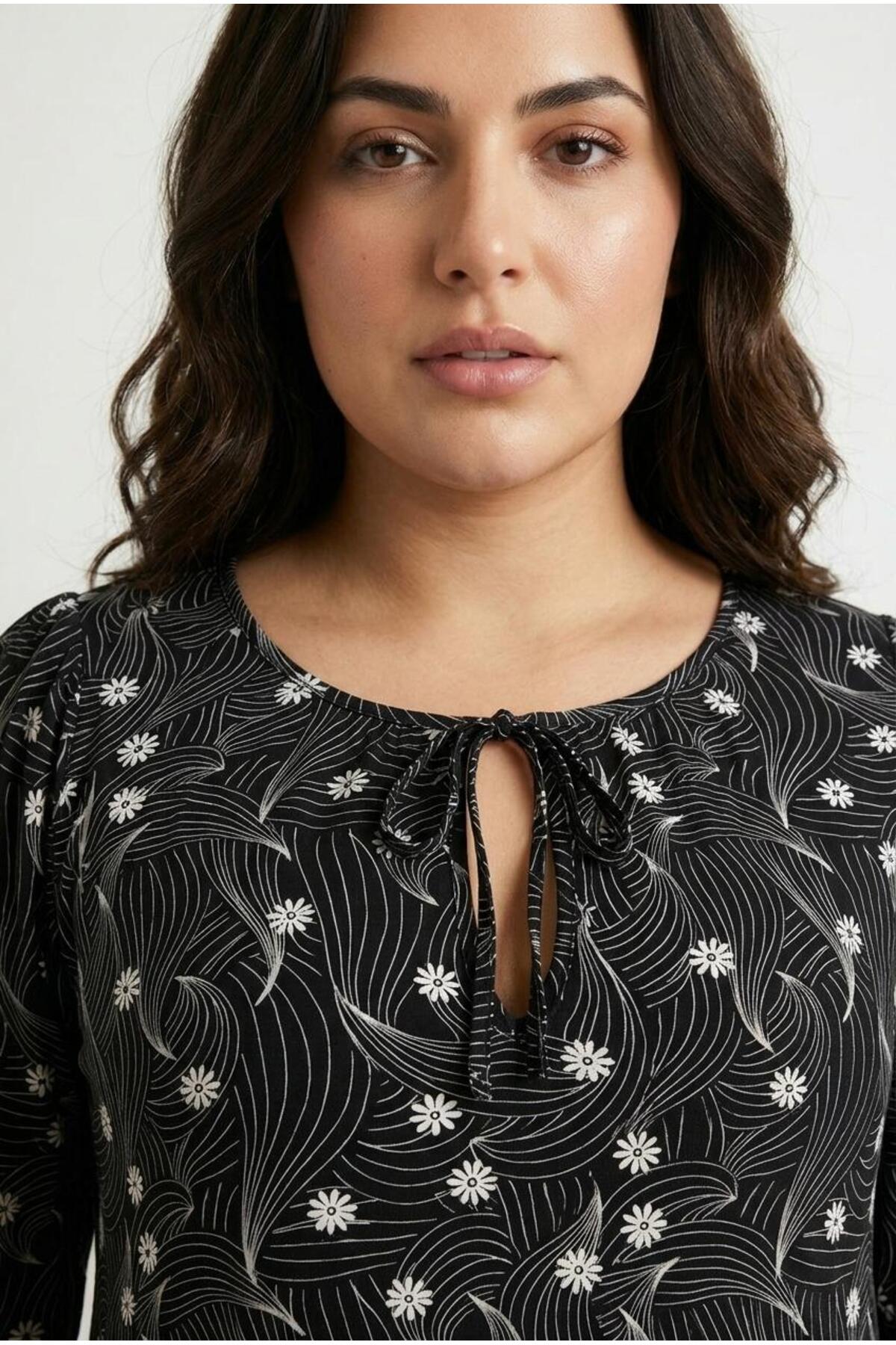 Plus Size Long Sleeve Patterned Dress with Tie-Neck Detail