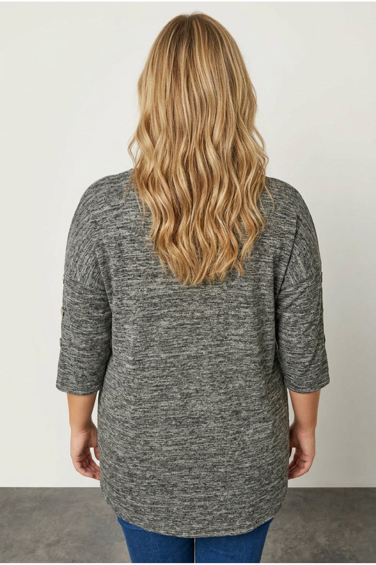 Plus Size Half Sleeve Button Detailed Soft Textured Sweater