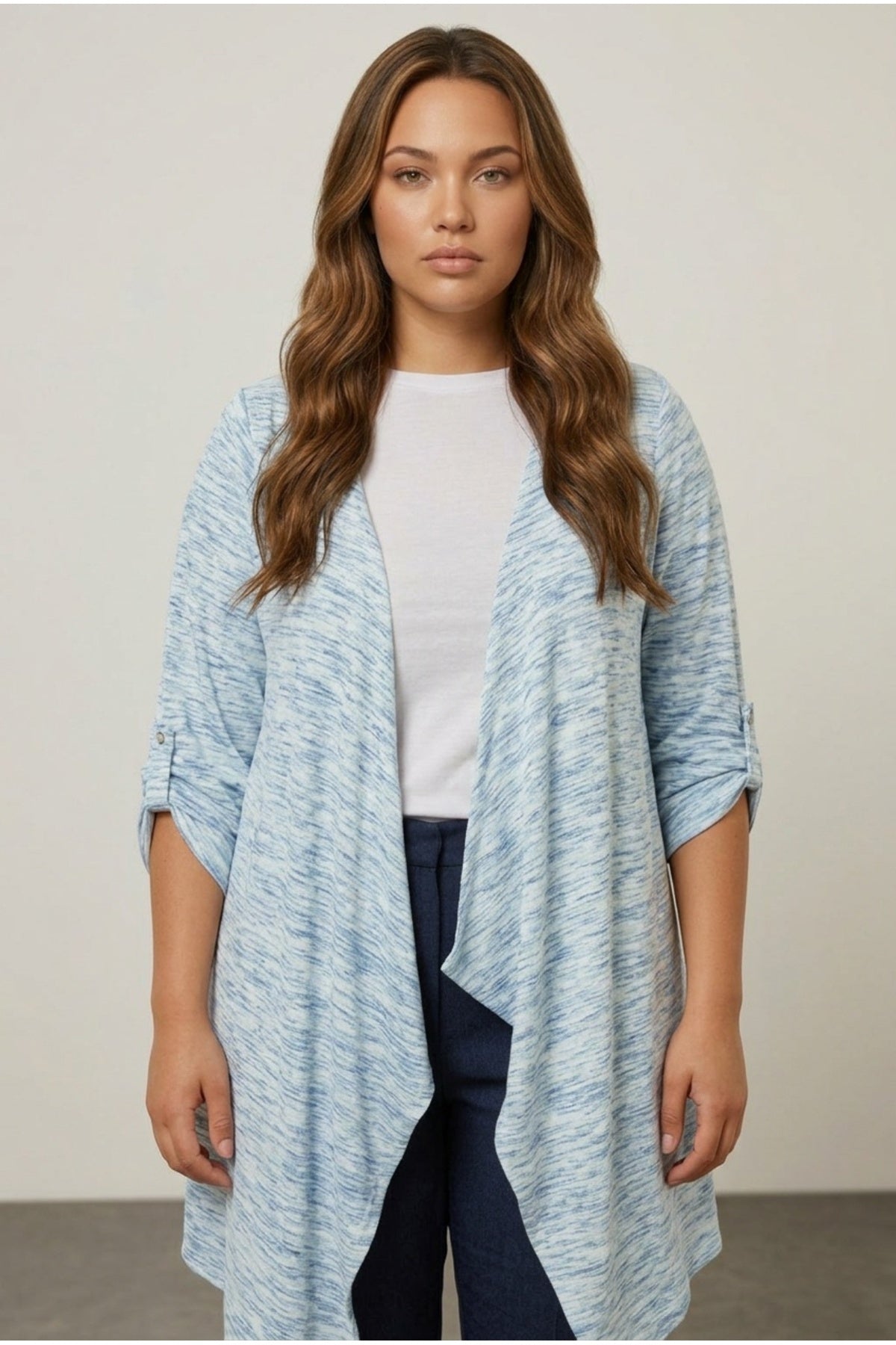 Plus Size Long Sleeve Open Front Asymmetrical Cut Lightweight Cardigan