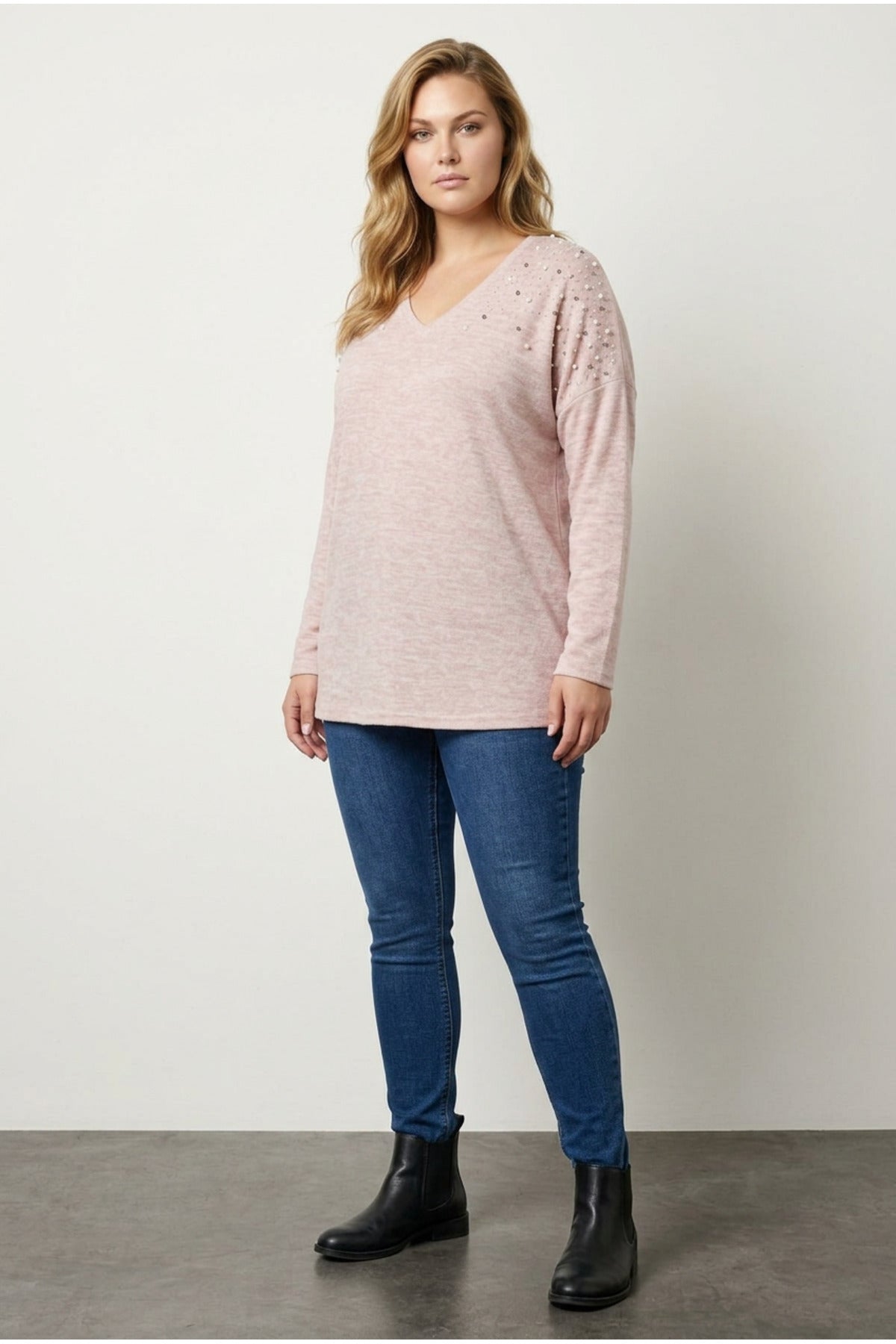 Plus Size V-Neck Long Sleeve Beaded Plush Sweatshirt