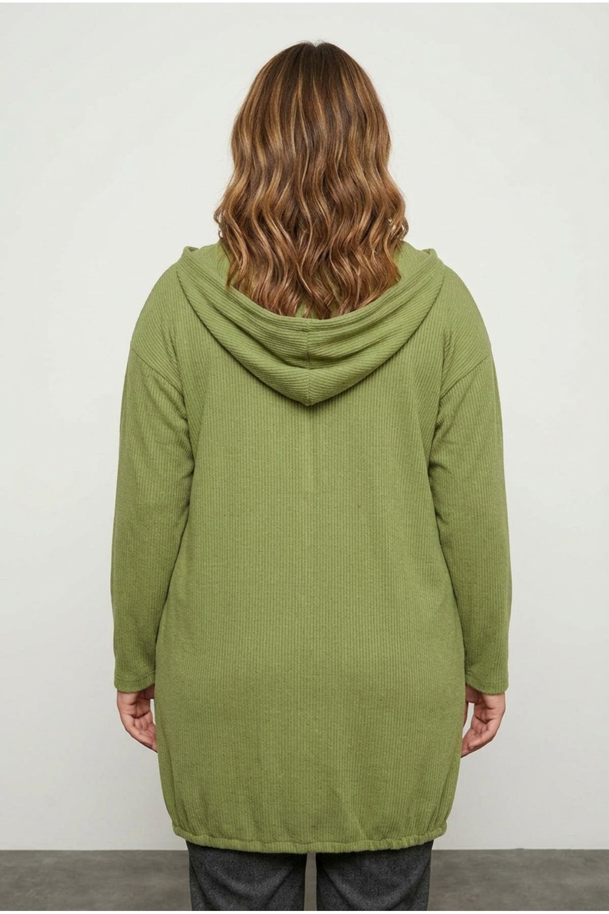 Plus Size Long Sleeve Hooded Open Front Ribbed Cardigan