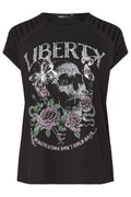 Plus Size Crew Neck T-shirt with Sleeve Detail and Skull Print