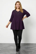 Plus Size Stone Embellished Shirred Sleeve Purple Plush Blouse