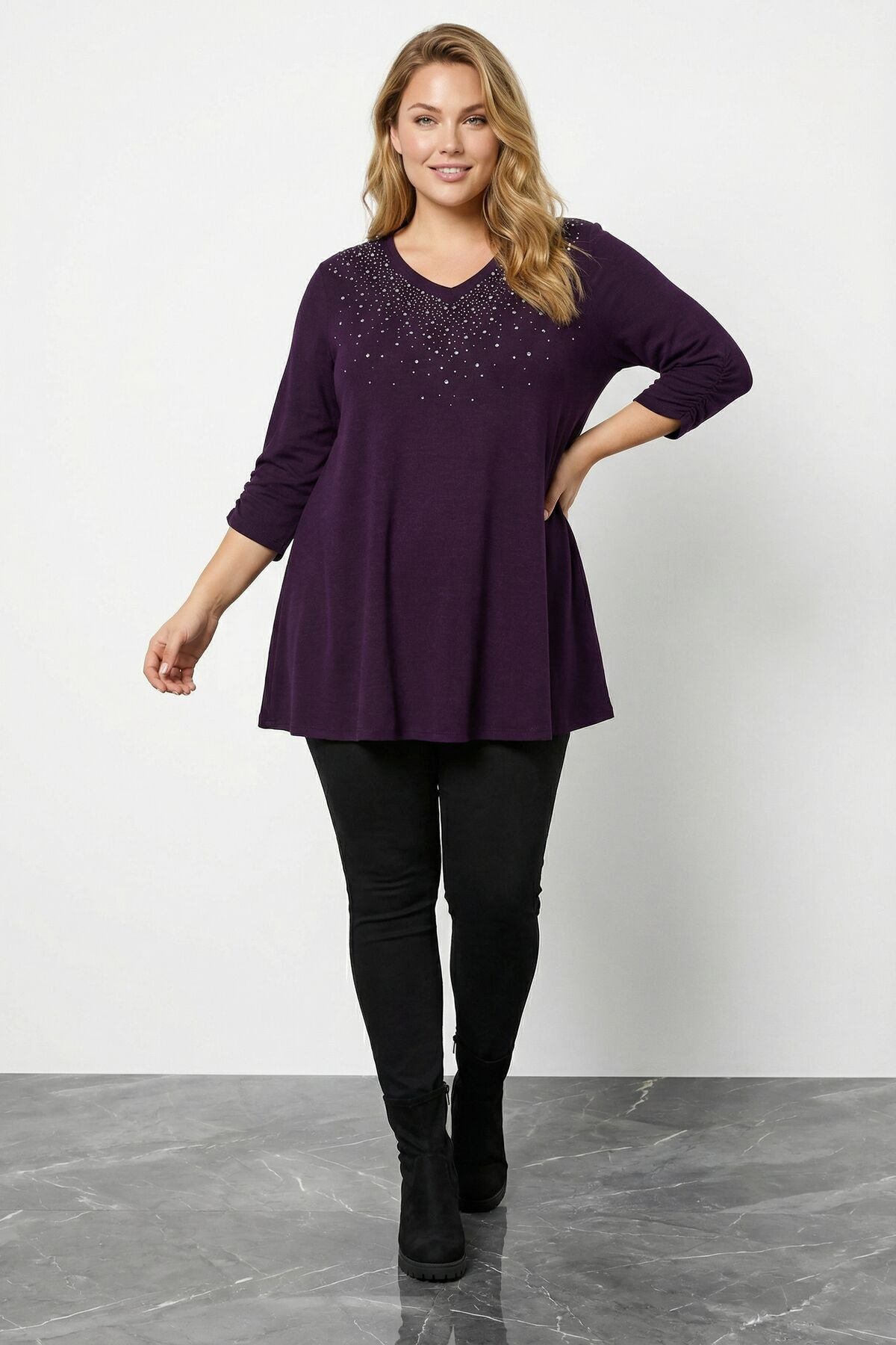 Plus Size Stone Embellished Shirred Sleeve Purple Plush Blouse
