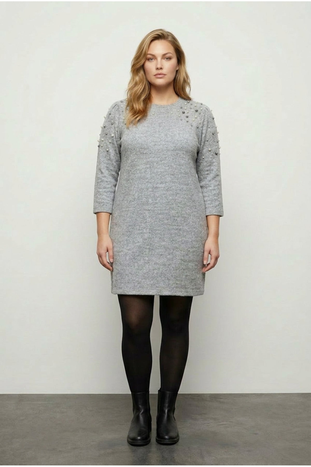 Plus Size Crew Neck Long Sleeve Beaded Plush Tunic