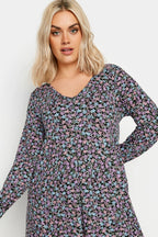 Plus Size V-Neck Long Sleeve Patterned Midi Length Dress