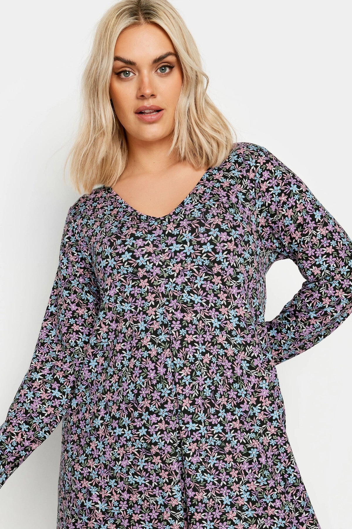 Plus Size V-Neck Long Sleeve Patterned Midi Length Dress