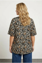 Plus Size V-Neck Pleated Front Short Sleeve Patterned Blouse