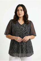 Plus Size V-Neck Patterned Blouse with Tulle Detailed Sleeves