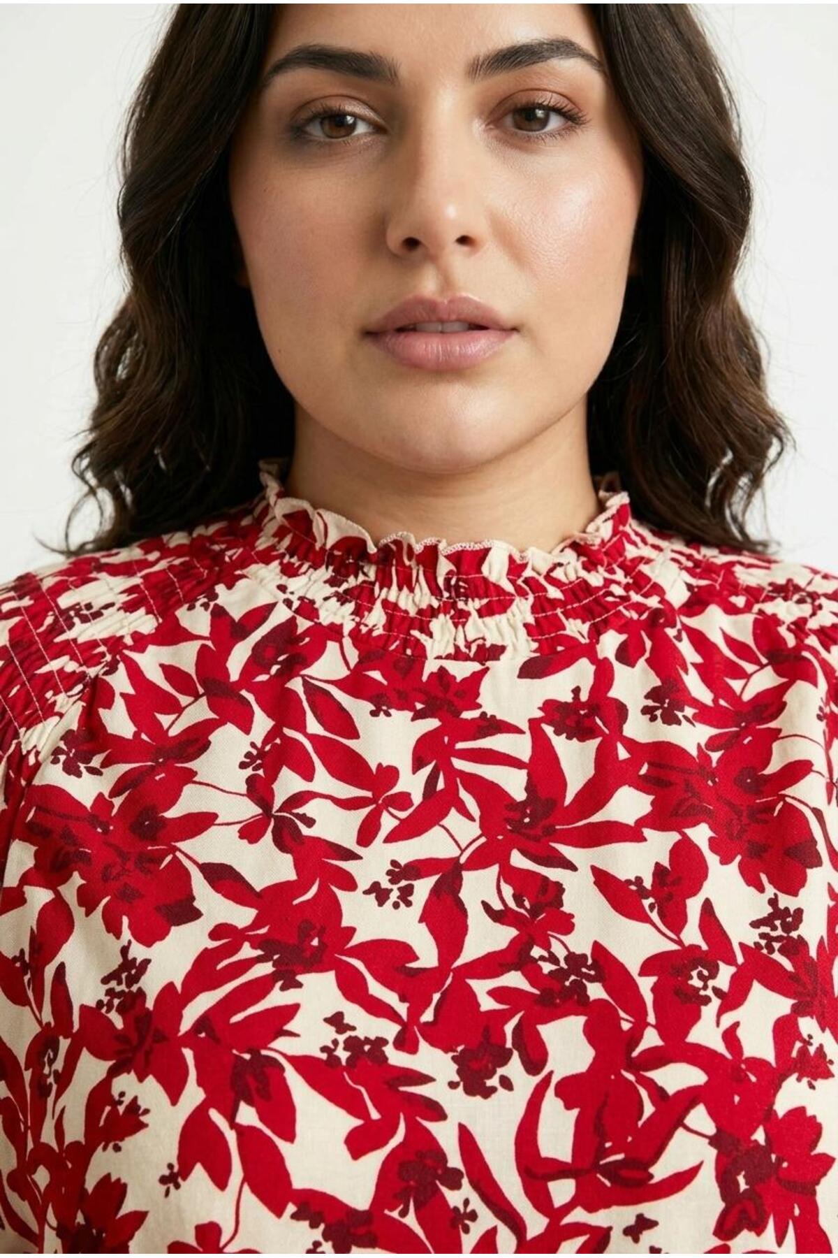 Plus Size Ruched Neck Long Sleeve Patterned Blouse