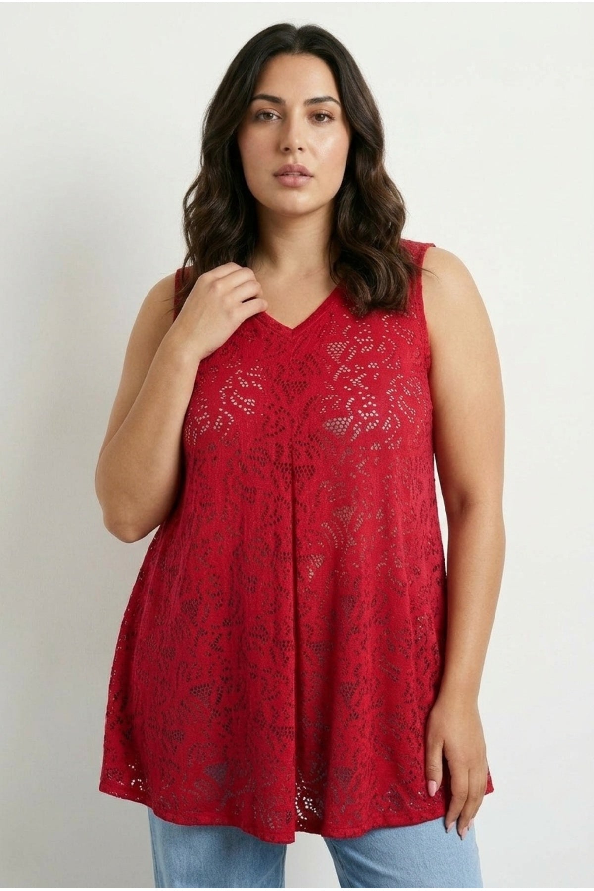 Plus Size V-Neck Sleeveless Unlined Lace T-shirt