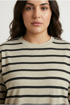Plus Size Crew Neck Long Sleeve Striped Short Dress