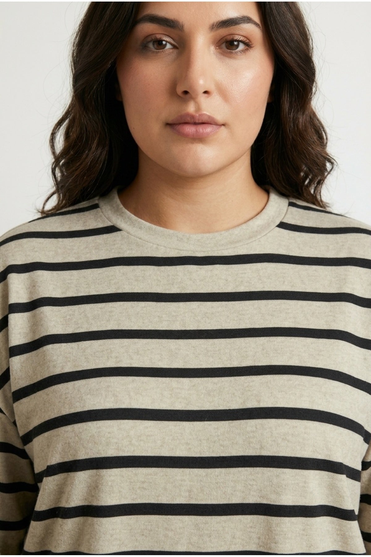 Plus Size Crew Neck Long Sleeve Striped Short Dress