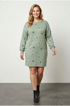 Plus Size Long Sleeve Crew Neck Star Patterned Stretchy Dress