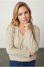 Plus Size V-Neck Beaded Embellished Sweater with Shoulder Detail