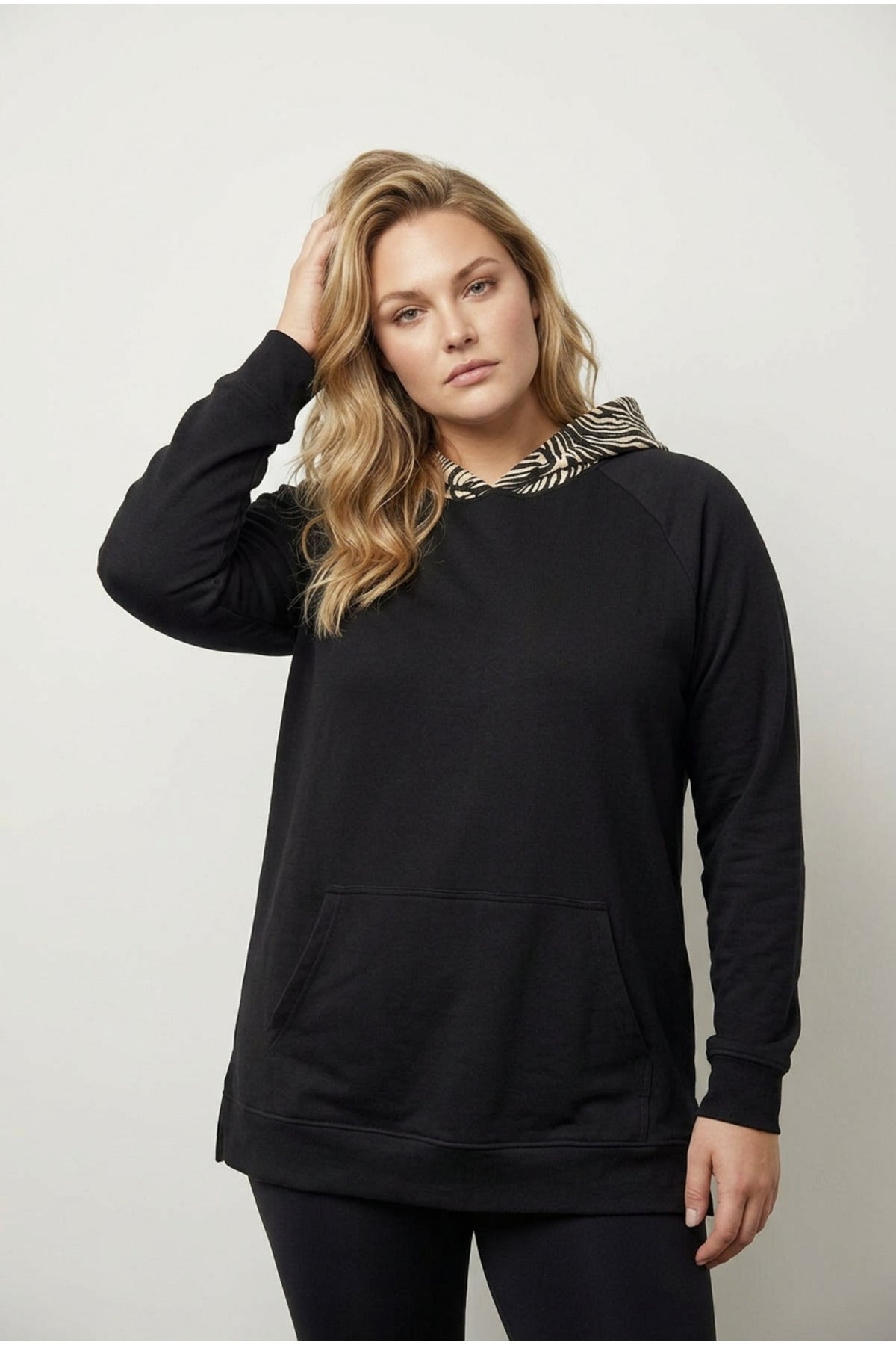 Plus Size Long Sleeve Pocketed Side Slit Patterned Hooded Sweatshirt