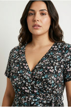 Plus Size V-neck Short Sleeve Belted Waist Floral Print Maxi Dress